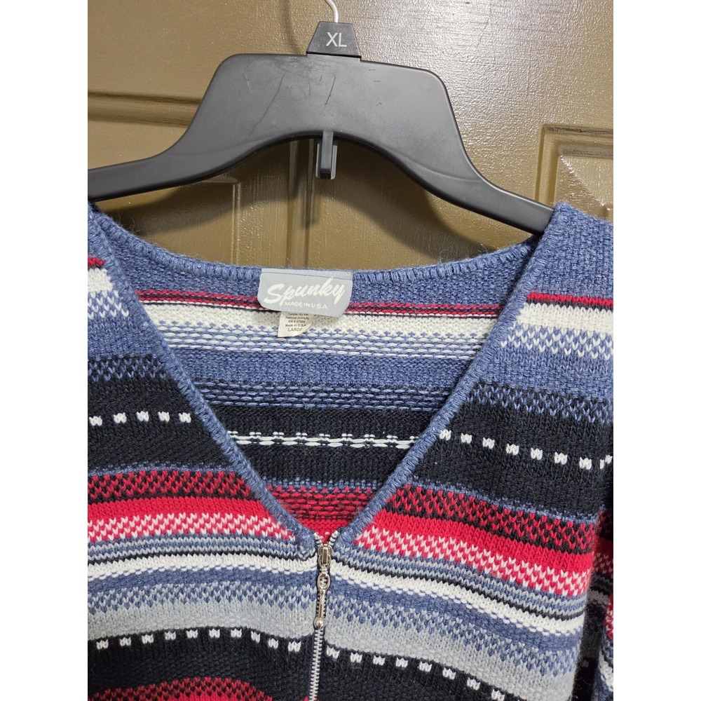 Vintage 90's Spunky L Cardigan Sweater Front Zip Fair Isle Nordic Light Layer - Picture 5 of 12